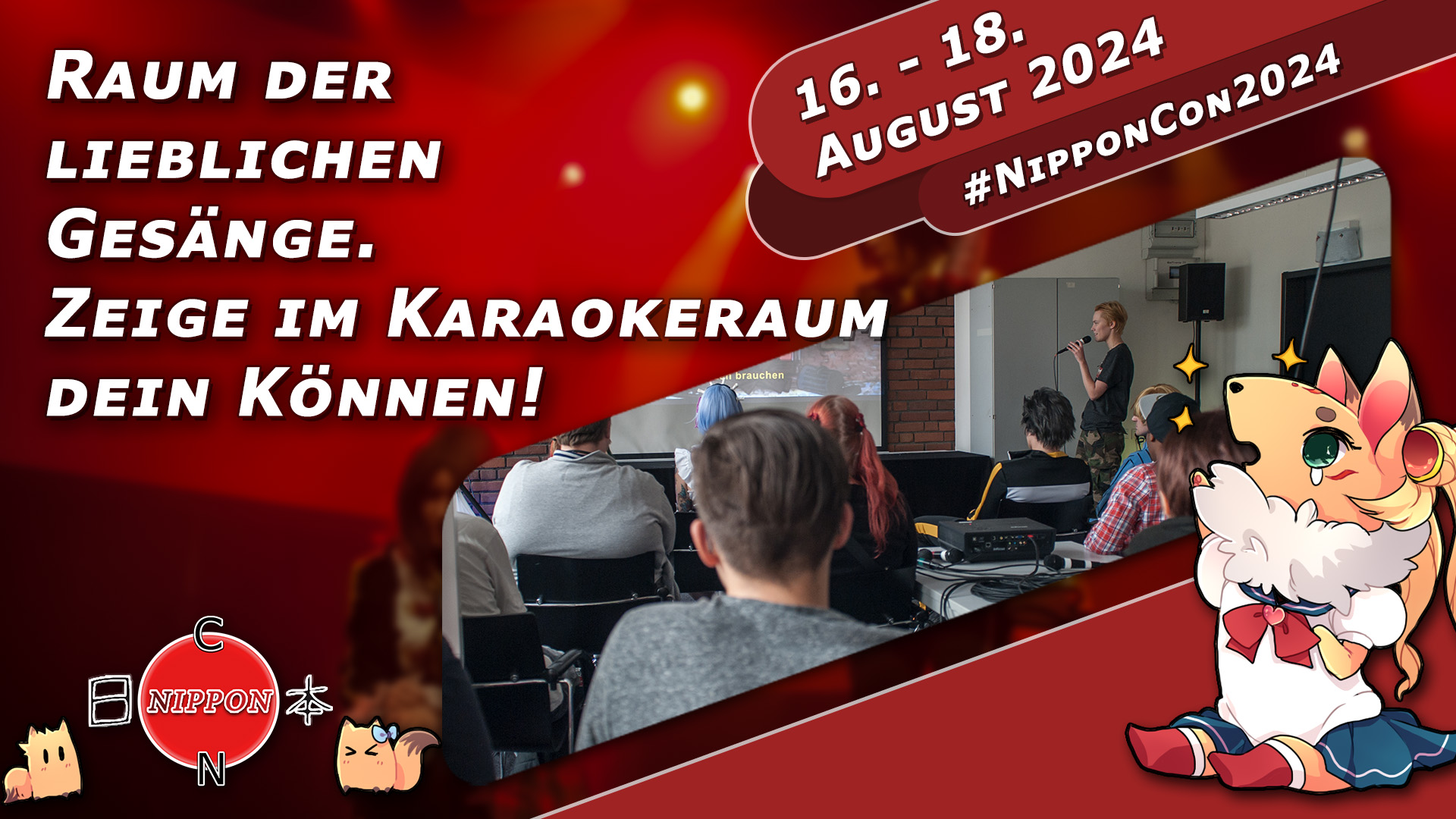 NipponCon 2024 Bremen. Vom 16. bis 18. August 2024. #NipponCon2024. Raum der lieblichen Gesänge. Zeige im Karaokeraum dein Können!
