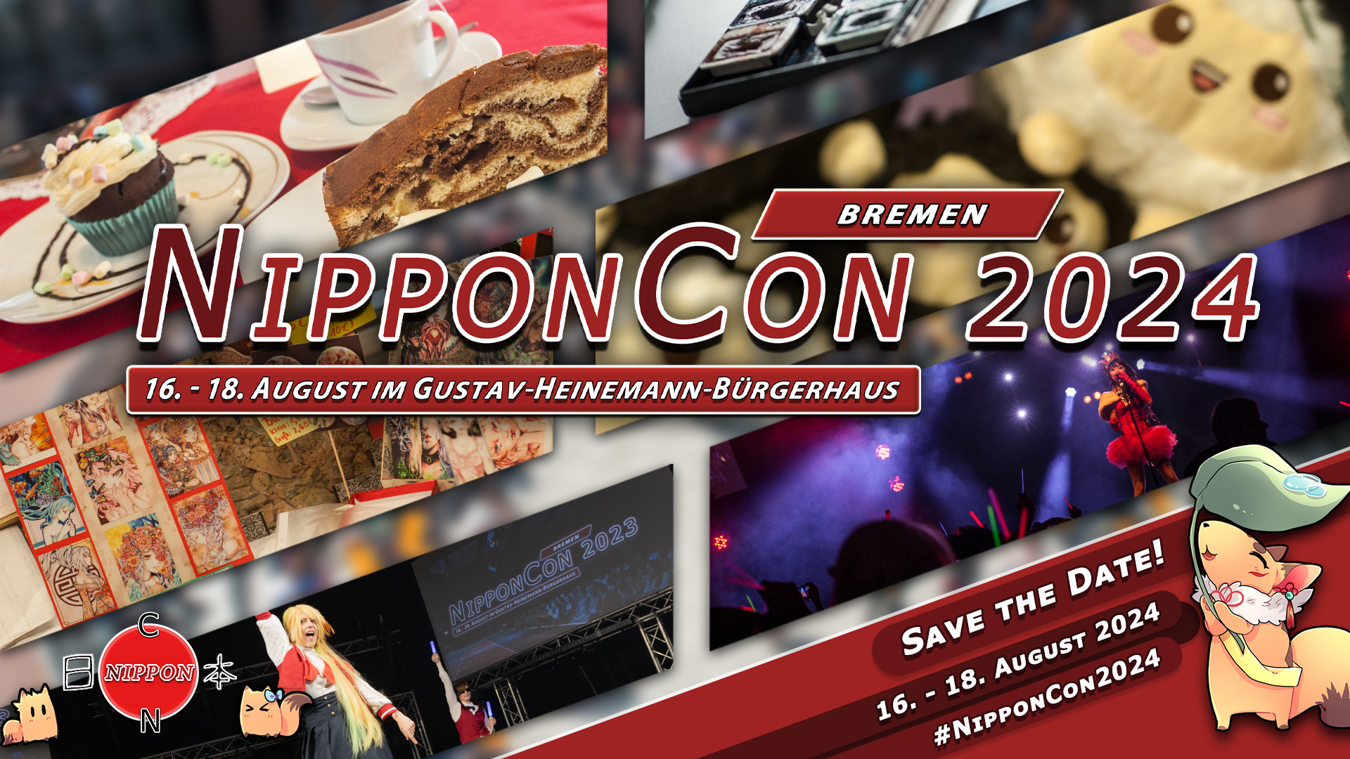 NipponCon 2024 Bremen. Vom 16. bis 18 August im Gustav-Heinemann-Bürgerhaus. #NipponCon2024. Im Hintergrund sind einige Bilder vergangener Ausgaben der NipponCon zu sehen.
