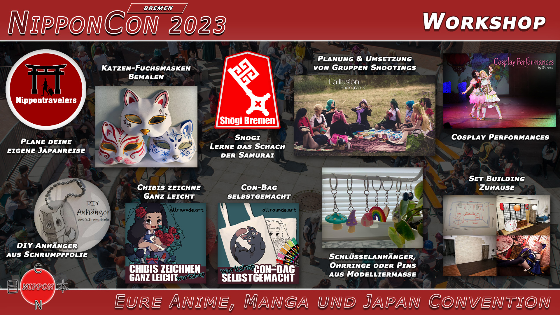 NipponCon 2023 Bremen. Workshops. Es ist eine Collage aller Workshop-Bilder mit ihren Namen zu sehen. 