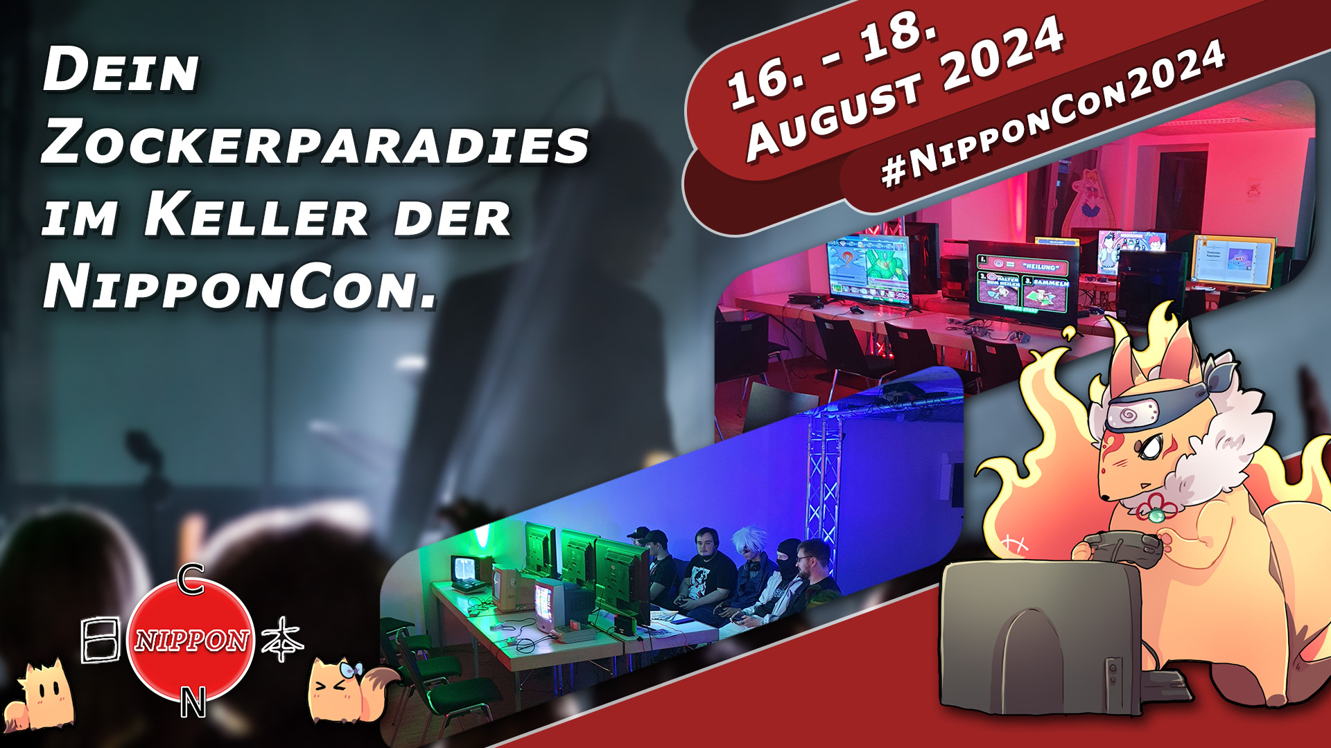 NipponCon 2024 Bremen. Vom 16. bis 18. August 2024. #NipponCon2024. Dein Zockerparadies im Keller der NipponCon.